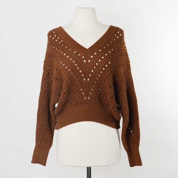 NEW Express Open Stitch Double V-Neck Dolman Sleeve Brown Sweater - Picture 2 of 10